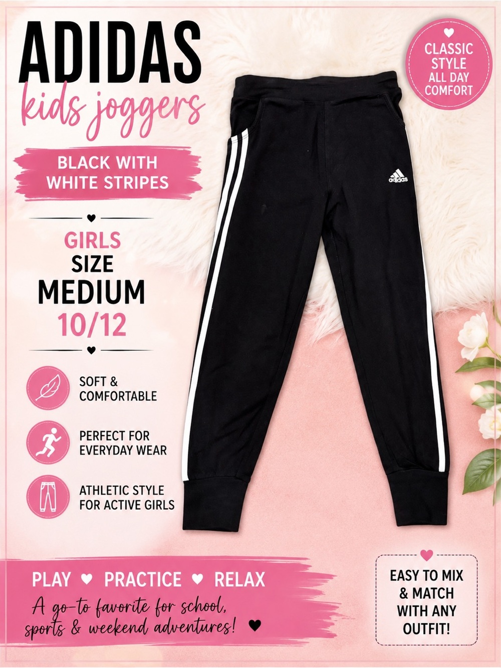 Adidas Kids Black Joggers with White Stripes